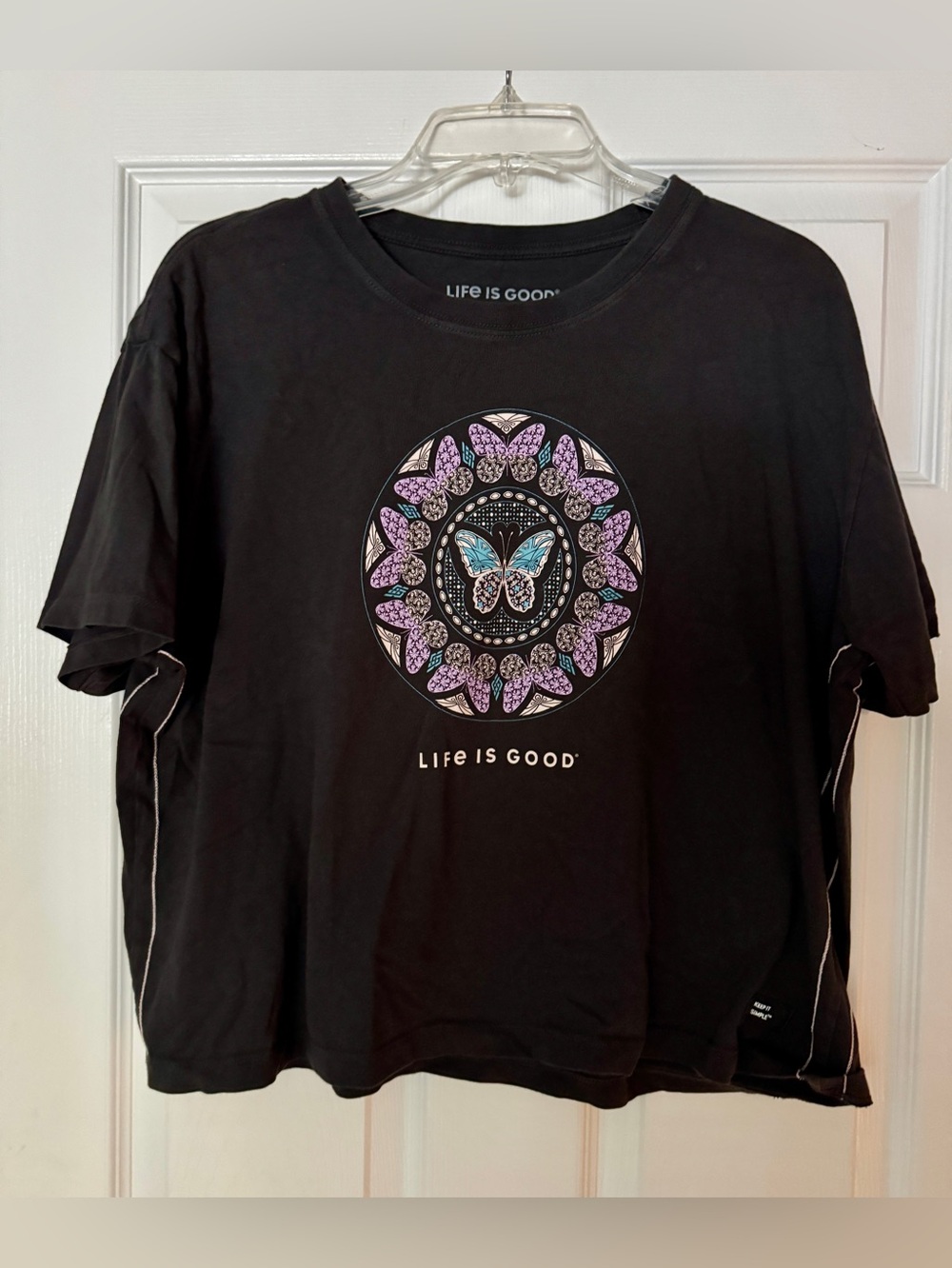 Life Is Good Black Tee with Purple & Blue Butterfly Mandala, women’s size large